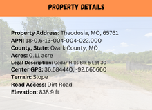 Load image into Gallery viewer, 0.11 Acre in Ozark County, MO Own for $85 Per Month (Parcel Number: 18-0.6-13-004-004-022.000)