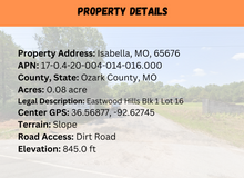 Load image into Gallery viewer, 0.08 Acre in Ozark County, MO Own for $69 Per Month (Parcel Number: 17-0.4-20-004-014-016.000)
