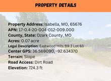 Load image into Gallery viewer, 0.07 Acre in Ozark County, MO Own for $69 Per Month (Parcel Number: 17-0.4-20-004-012-009.000)
