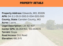 Load image into Gallery viewer, 1 Acre in Camden County, MO Own for $150 Per Month (Parcel Number: 04-3.1-05.0-000.0-034-020.000)
